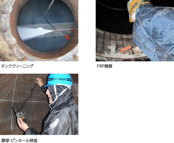 写真：1.タンククリーニング　2.FRP積層　3.膜厚・ピンホール検査